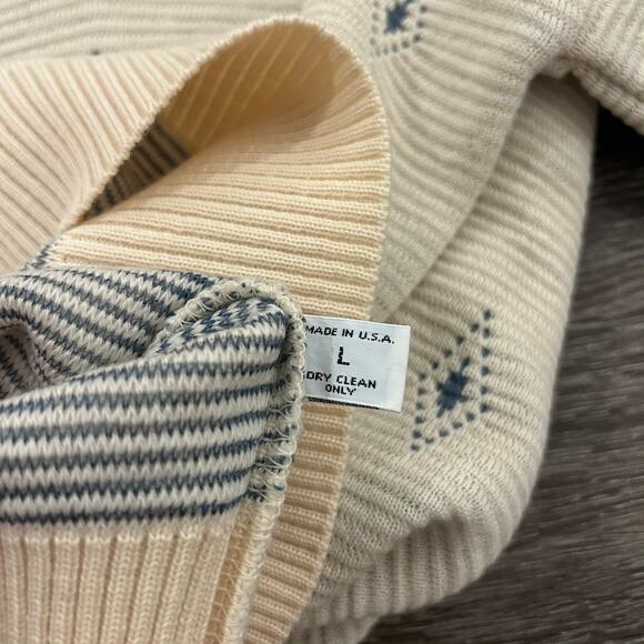EUC Vintage St. Croix Knits Wool V Neck Sweater Cream Blue Diamond USA Made Sz L - Picture 8 of 16